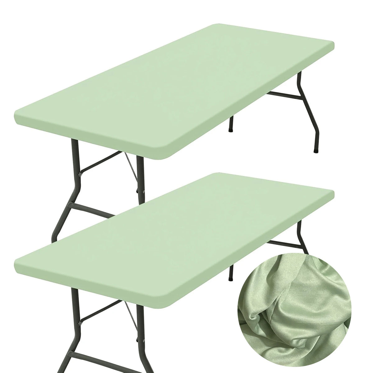 A light green stretch elastic tablecloth cover draped over a black metal table.