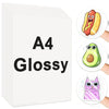A set of ten A4 glossy printable vinyl sticker sheets featuring illustrations of food items like hot dogs and avocados.