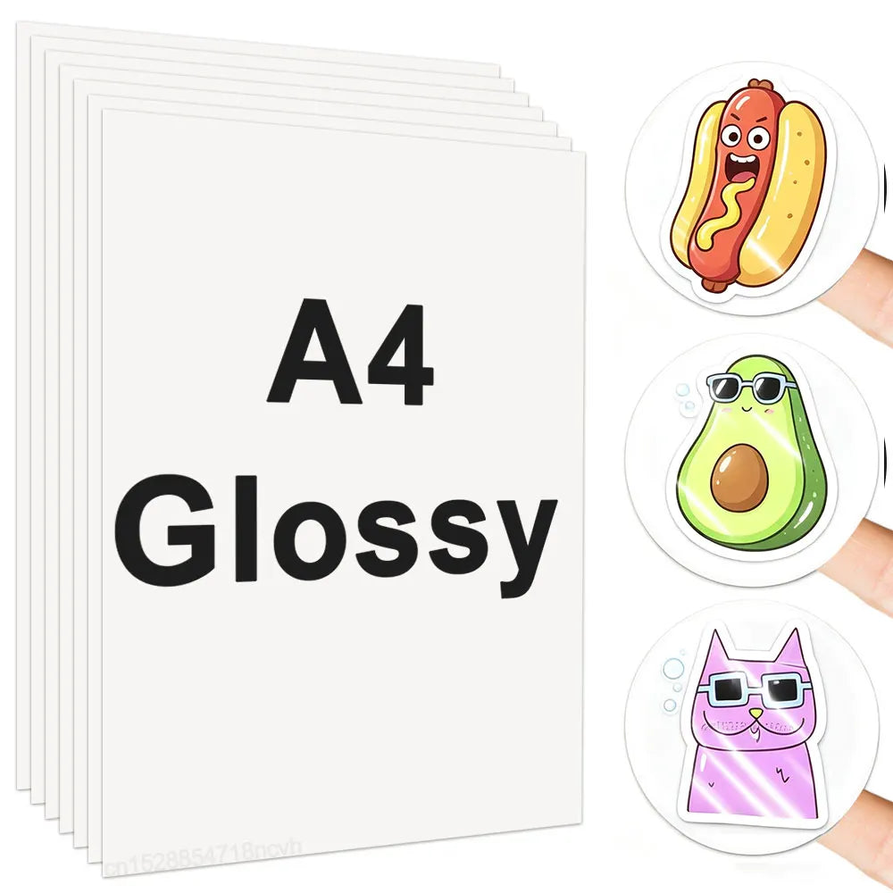 A set of ten A4 glossy printable vinyl sticker sheets featuring illustrations of food items like hot dogs and avocados.