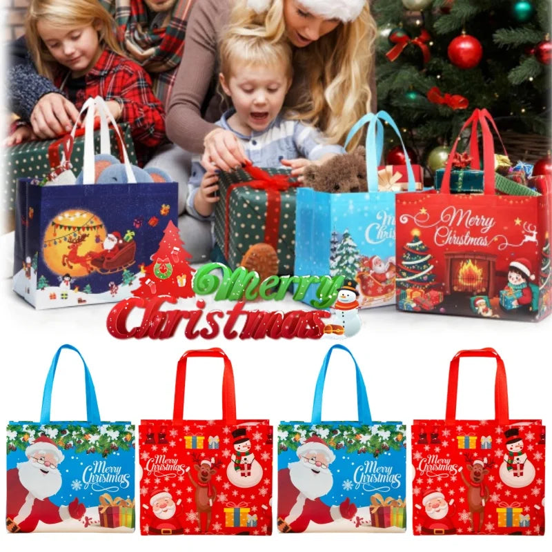 A collection of festive Merry Christmas gift bags with handles in various colors and designs.