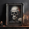 A framed canvas featuring a realistic human skull with a crown and draped veil, displayed on a dark shelf.