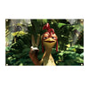 A cartoon chicken with a red flag is shown for indoor decor.