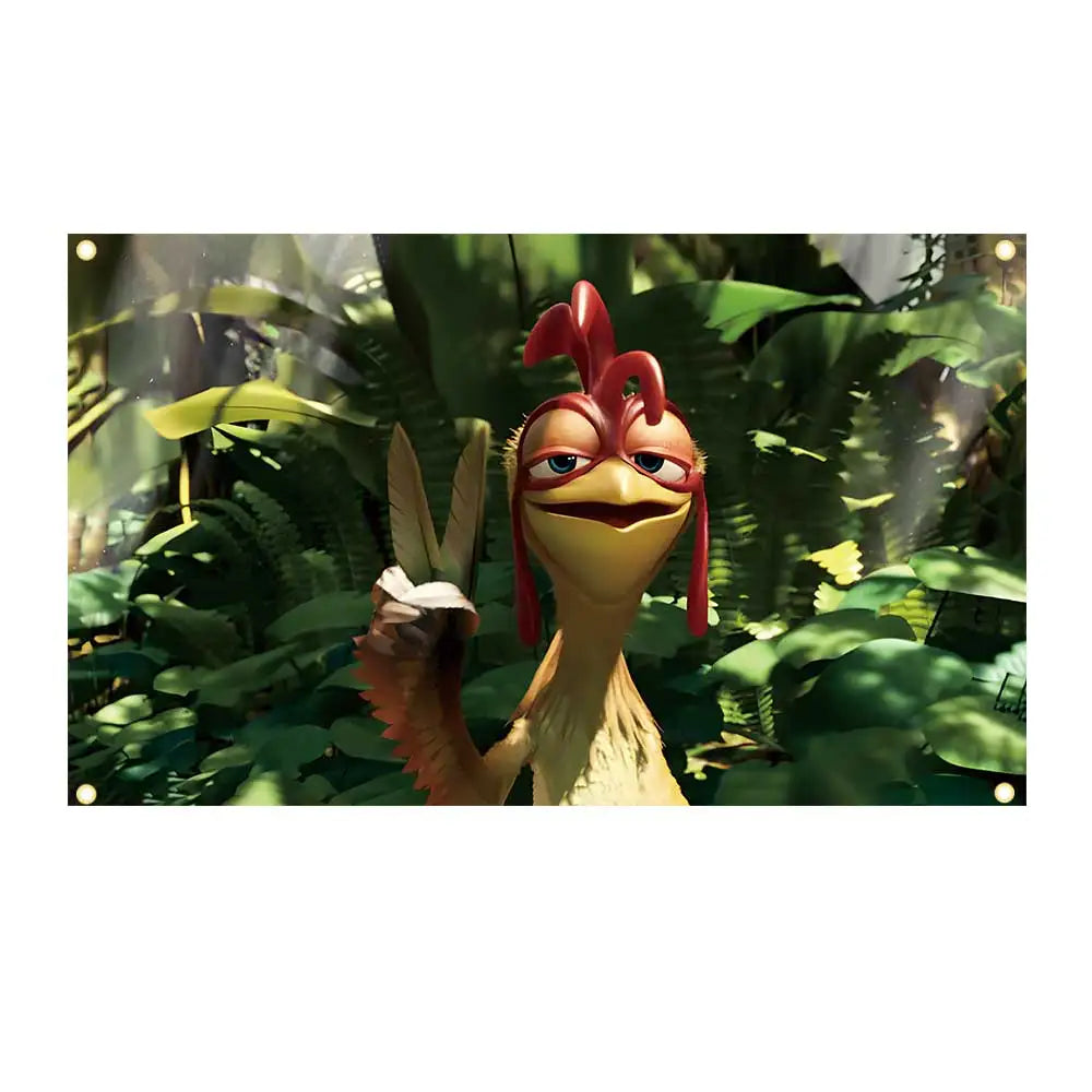 A cartoon chicken with a red flag is shown for indoor decor.