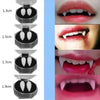 A series of realistic vampire fangs with adjustable fit shown in various sizes, from 1.3cm to 1.9cm.