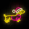 A neon sign shaped like a dachshund dog in yellow and pink outlines hanging against a dark background.