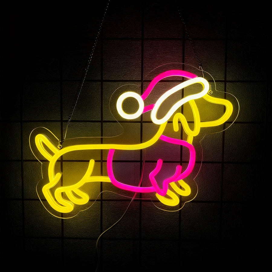 A neon sign shaped like a dachshund dog in yellow and pink outlines hanging against a dark background.