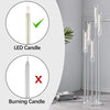 Comparison showing a successful LED candle versus a burning candle, both presented in tall acrylic candelabra.