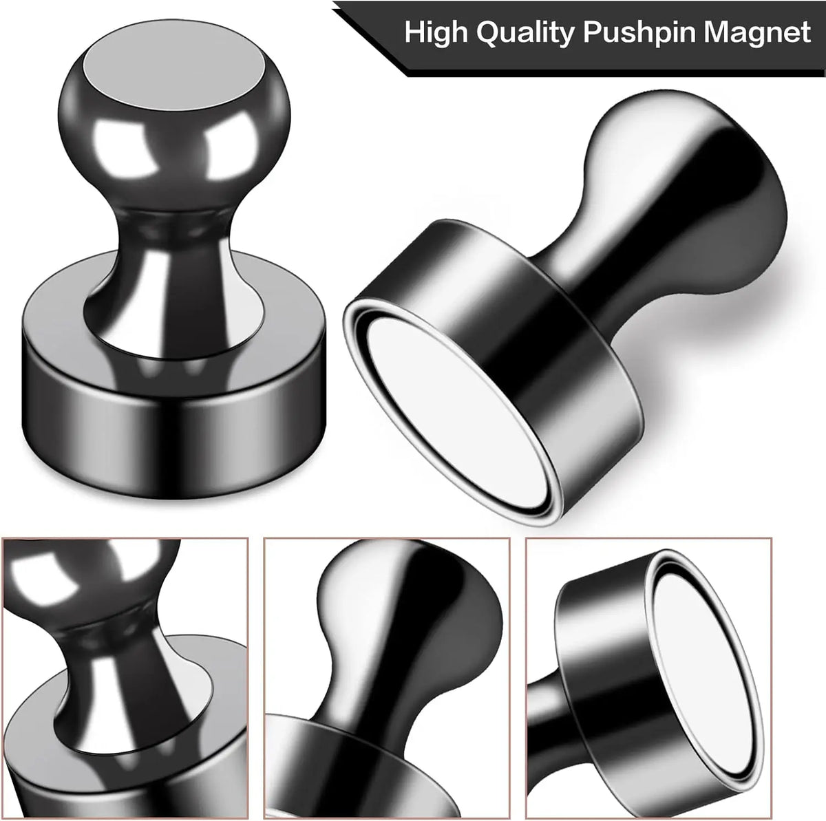 A high quality pushpin magnet shown in various views, including a top-down and side angle.