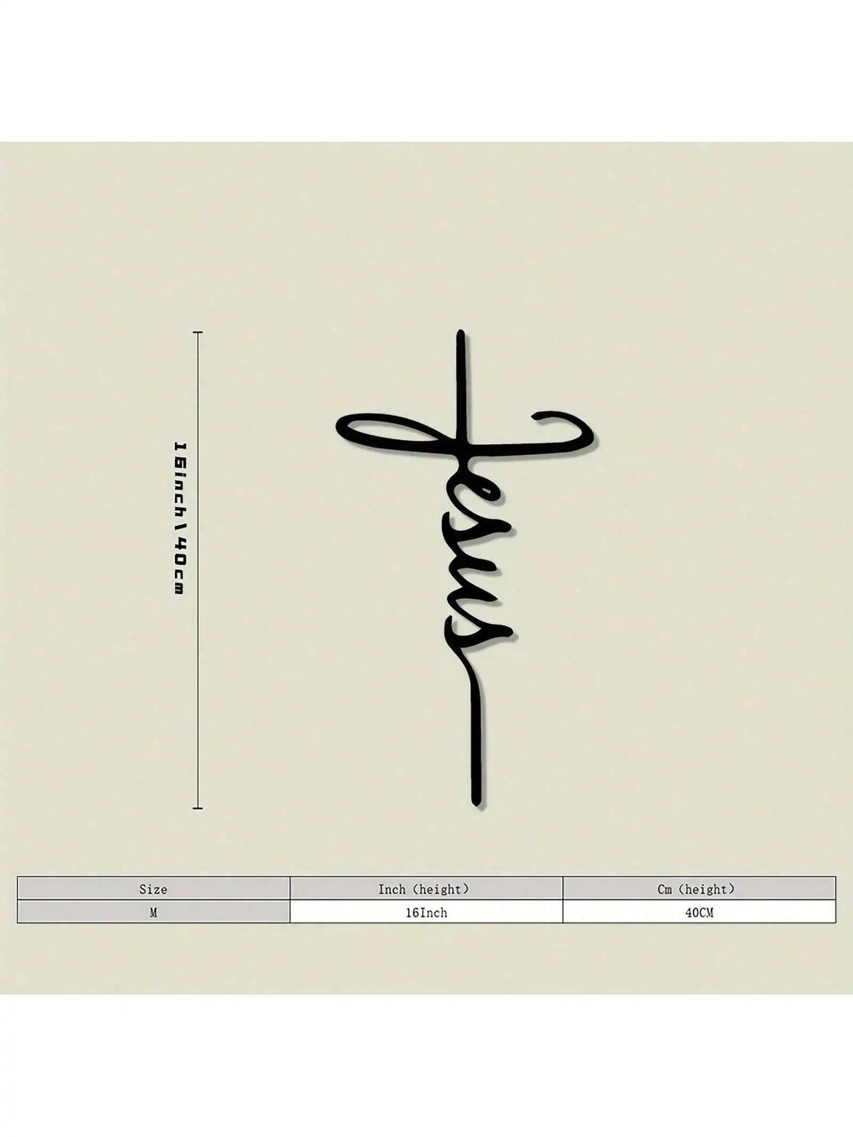 Black metal wall decor of the word Jesus in a script font with dimensions 16 inches or 40 cm.