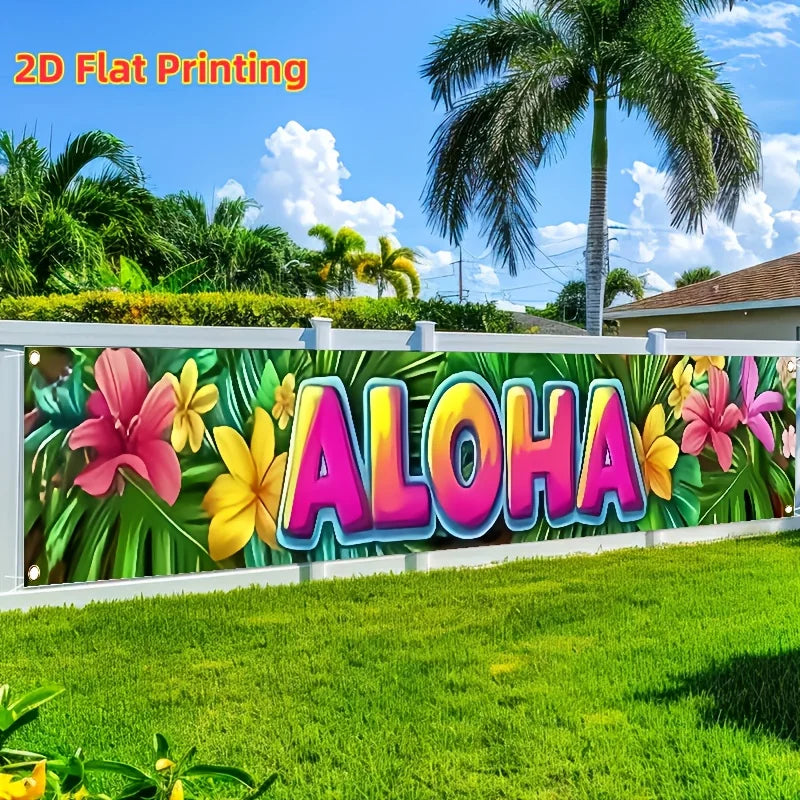A vibrant 2D flat printing banner featuring the word ALOHA in colorful tropical flowers and palm leaves for outdoor decor.