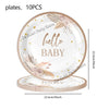 A set of 10 round plates with a delicate floral design and gold accents for baby shower or gender reveal events