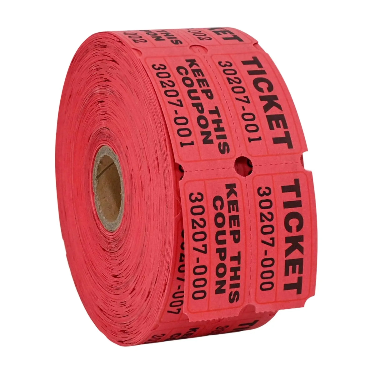 A roll of red tearable raffle tickets with the text KEEP THIS COUPON 30207-001 printed on them.