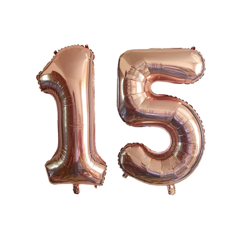 Gold silver black helium foil number balloons spelling out fifteen