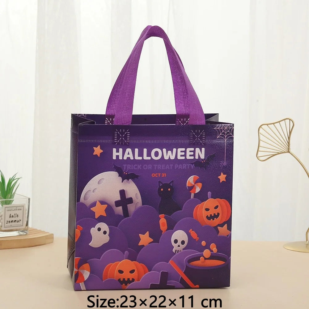 Purple Halloween themed non-woven gift tote bag with a handle and festive prints