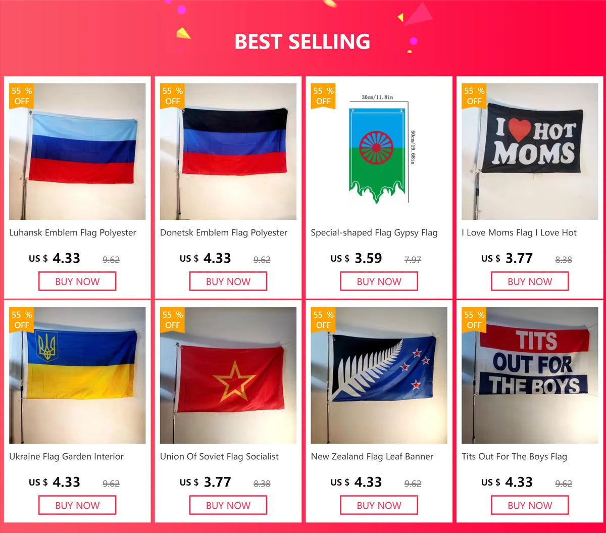 A collection of various flags including Russian, Donetsk, Gypsy, Ukrainian, and New Zealand flags for sale.