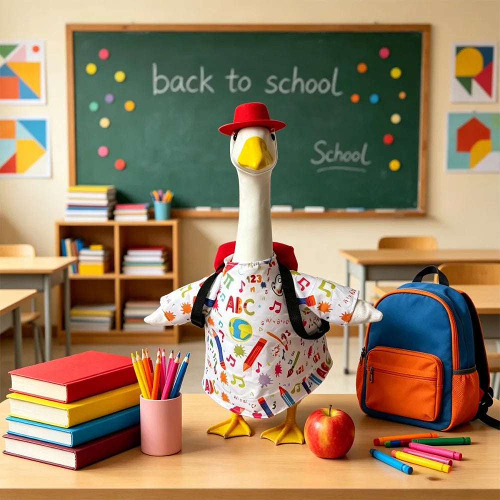 A white goose statue with a red hat stands on a wooden table surrounded by school supplies and books.