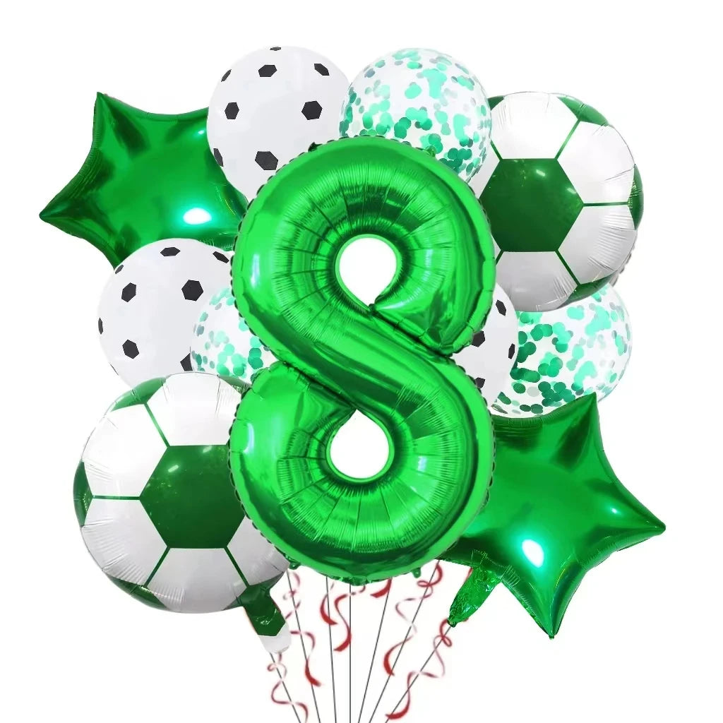 A collection of green and silver foil balloons shaped like numbers and soccer balls for birthday party decorations
