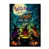 A dark, magical illustration of three witches gathered under a large moon in a forest setting.