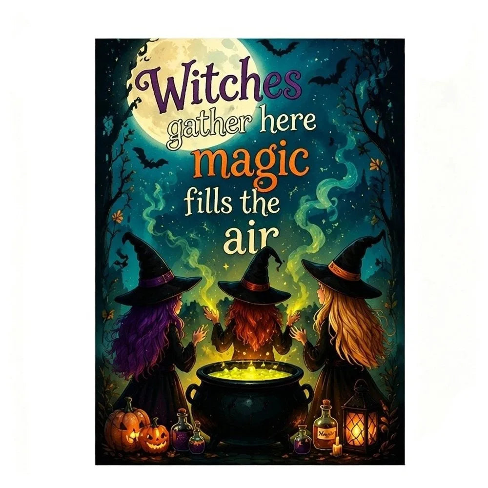 A dark, magical illustration of three witches gathered under a large moon in a forest setting.