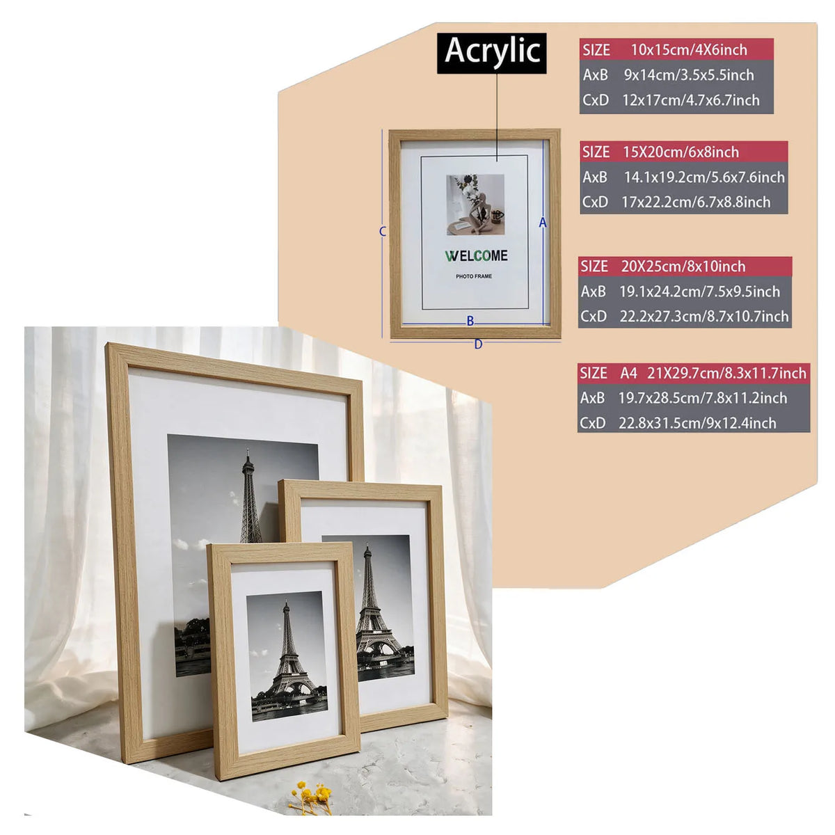 A set of rustic wooden photo frames in various sizes and finishes displayed on a surface.