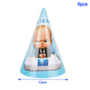 A set of six disposable party decorations featuring a Baby Boss theme, including a cone-shaped figure and tableware.