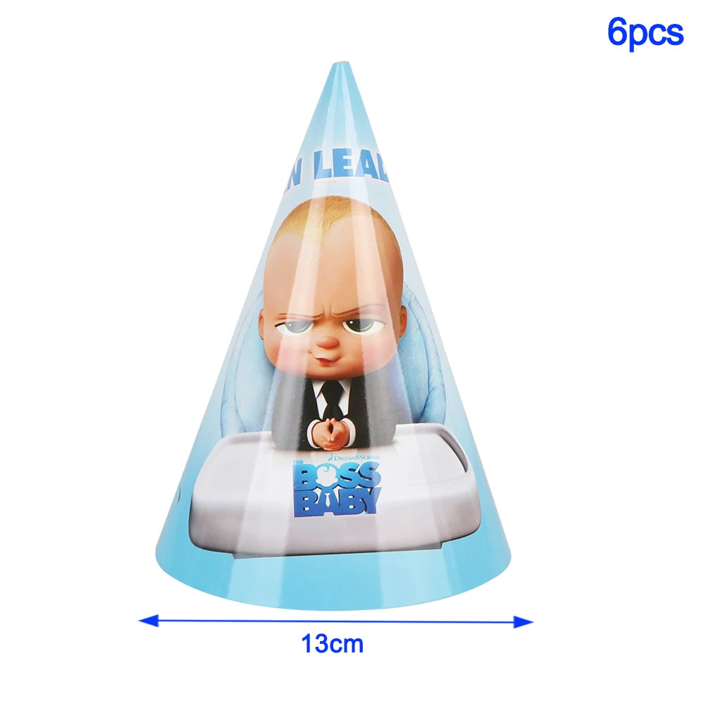 A set of six disposable party decorations featuring a Baby Boss theme, including a cone-shaped figure and tableware.