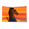 A cartoon drawing of a horse wearing sunglasses, set against an orange and yellow sunset background.
