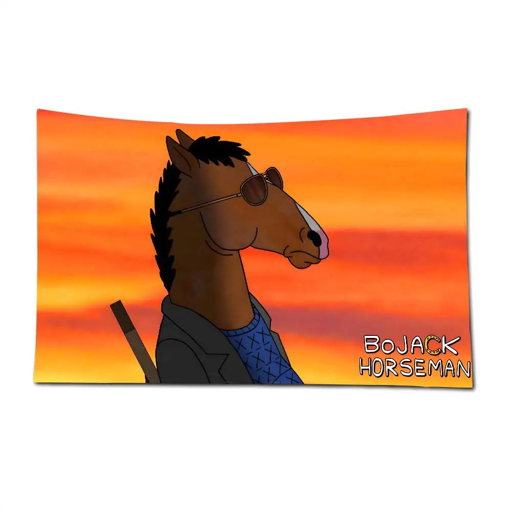 A cartoon drawing of a horse wearing sunglasses, set against an orange and yellow sunset background.