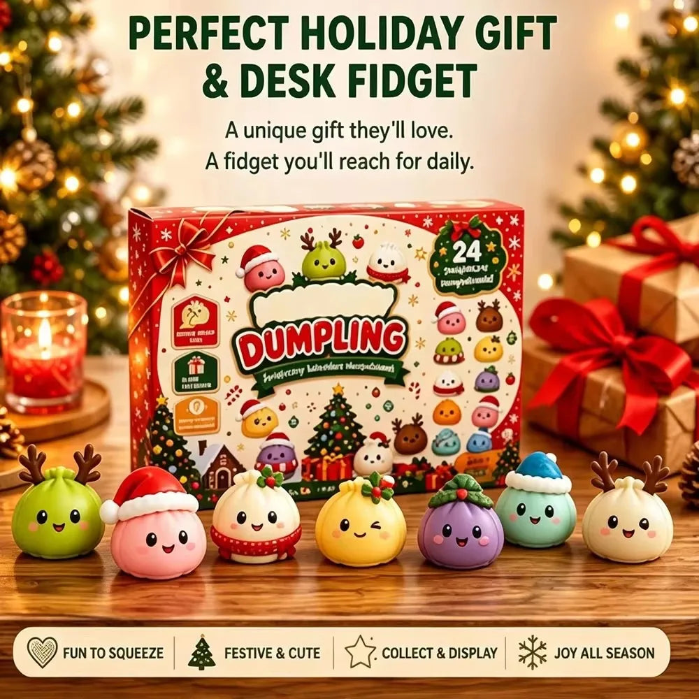 A box of Christmas squishy advent calendar featuring 24 themed fidget toys and holiday decorations.