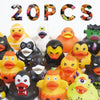 A collection of colorful squeeze rubber ducks in various designs and colors for party favors.