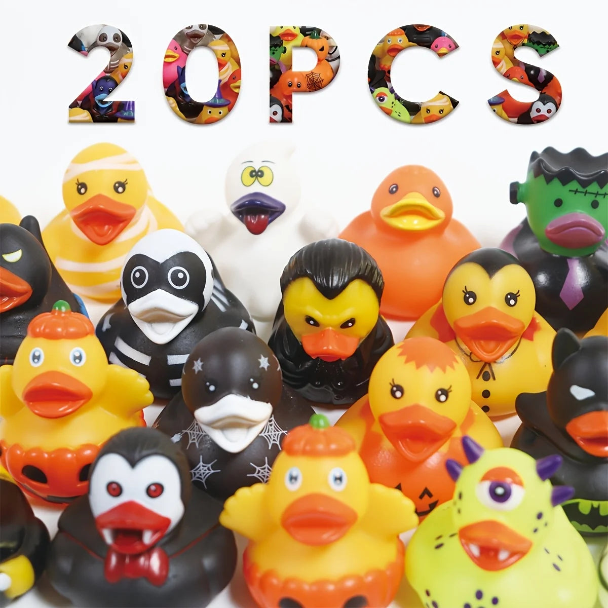 A collection of colorful squeeze rubber ducks in various designs and colors for party favors.