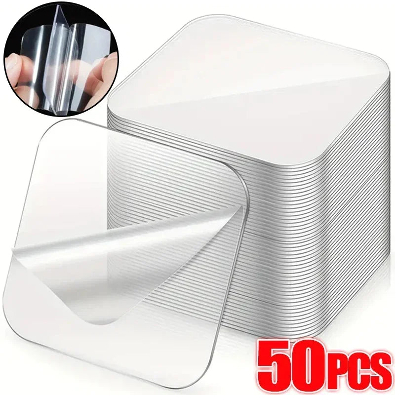 A stack of 50 pieces of clear, double-sided adhesive tape is shown with a close-up view of the tape's thickness.