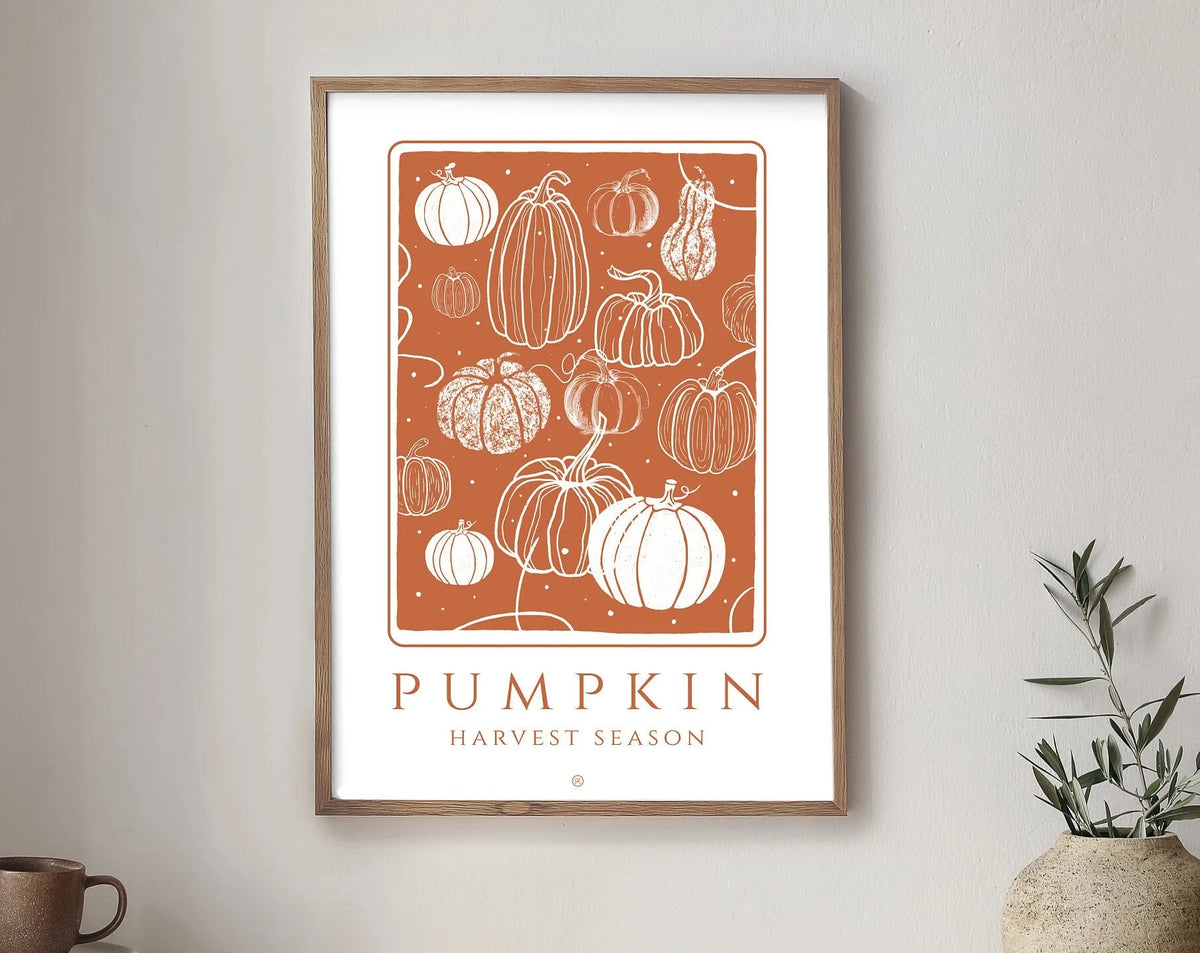 Framed canvas wall art poster featuring a collection of orange pumpkins in a seasonal design.