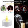 A white LED tealight candle in a holder emitting a warm yellow glow and producing smoke-free flame.