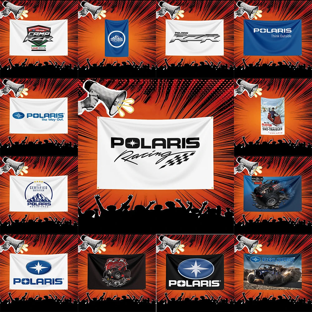A collection of various Polaris racing flags and banners displayed against a fiery background.