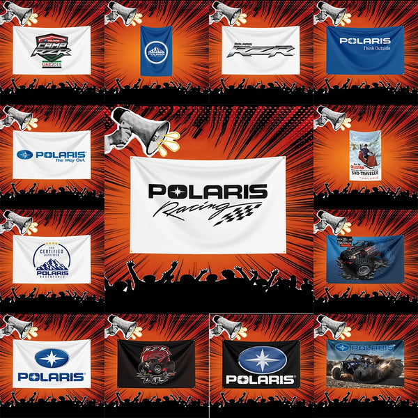 A collection of various Polaris racing flags and banners displayed against a fiery background.