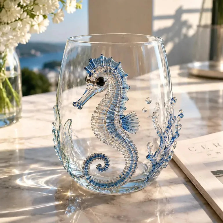 Handcrafted stemless wine glass featuring a blue-ringed octopus design on clear glass