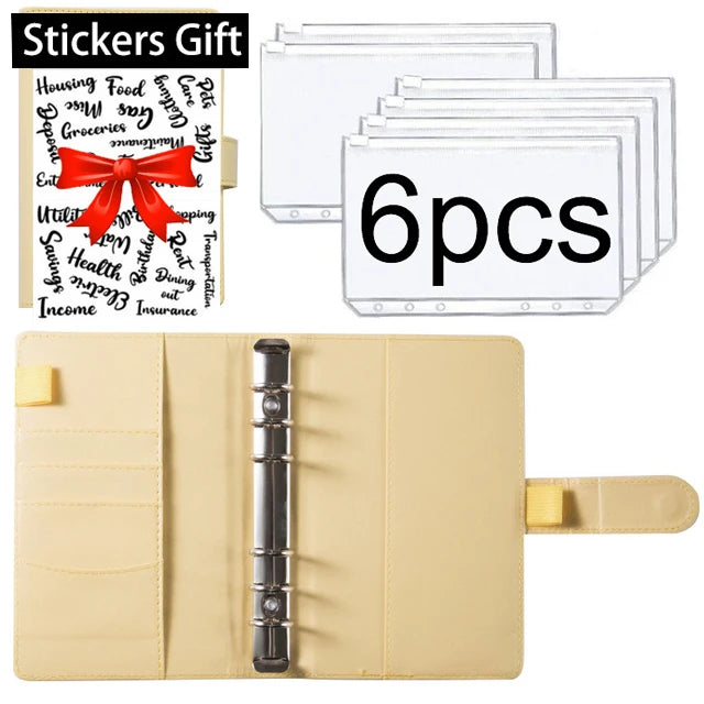 A set of stickers with a red bow and a budget planner binder for organizing finances
