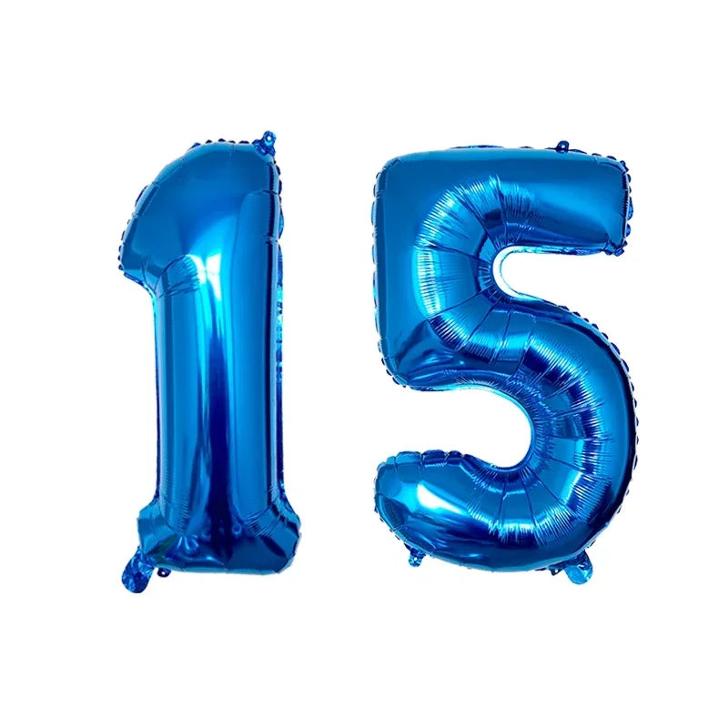 Silver helium foil number balloons shaped like the number 15