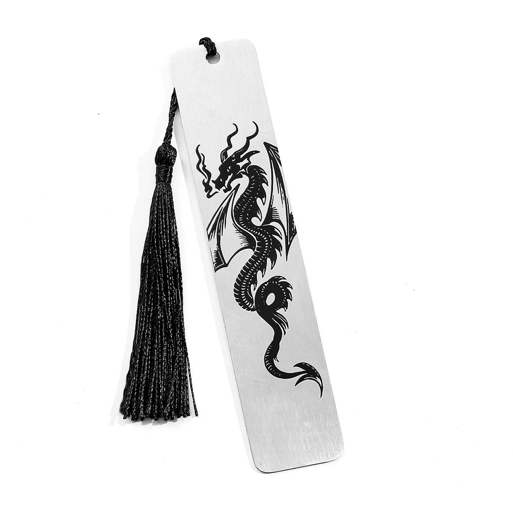 Elegant metal bookmark featuring a black dragon design and a black tassel.