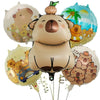 A set of cartoon capybara foil balloons featuring various adorable animal faces and themes.