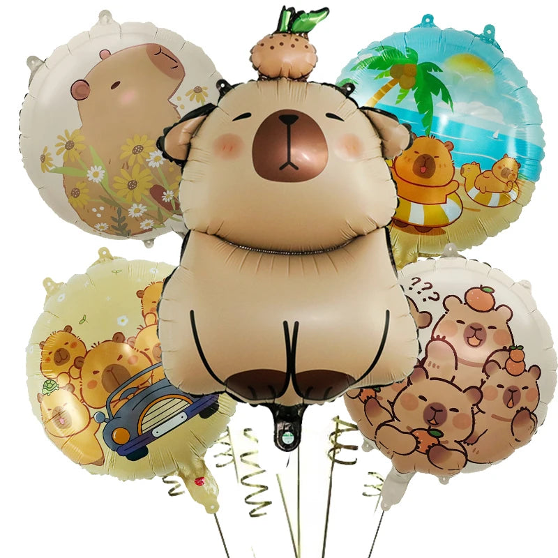A set of cartoon capybara foil balloons featuring various adorable animal faces and themes.