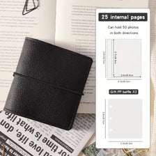A black faux leather photo album with a flap closure and internal pages shown next to a handwritten recipe card.