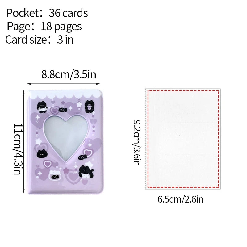 A purple photo card album binder showing a 3-inch card and an 18-page section.