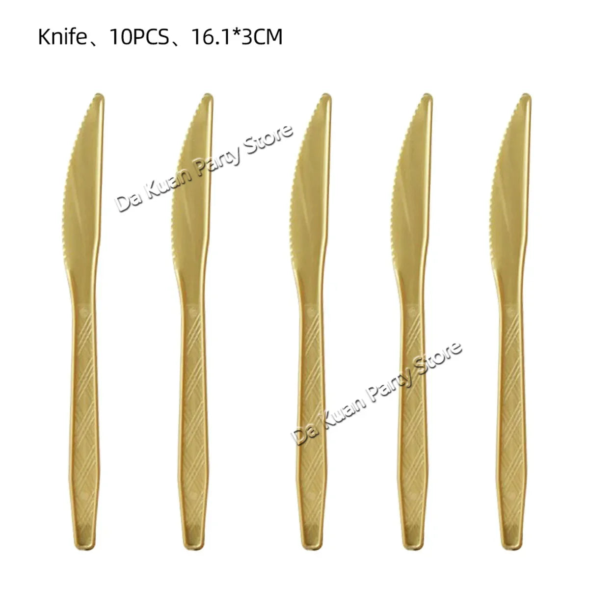 Ten gold-colored knives with 16.1 cm blades shown side by side.