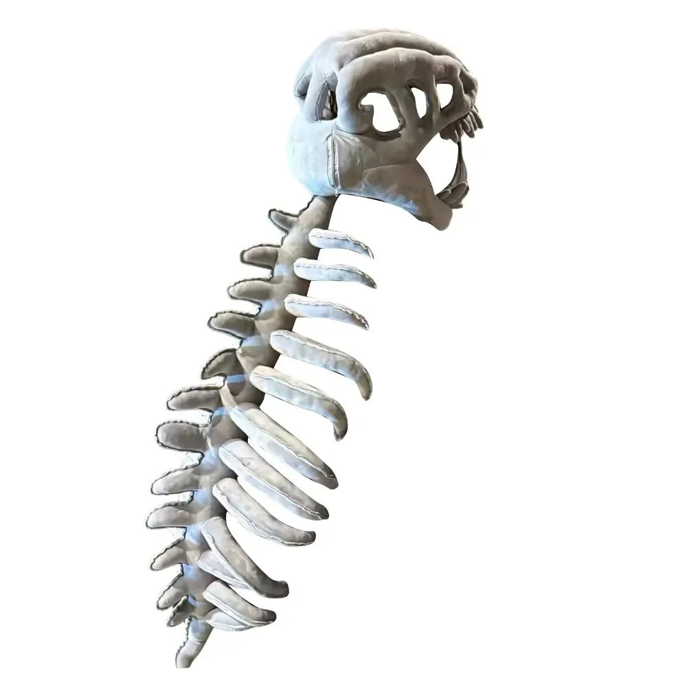 A realistic gray 3D dinosaur skeleton plush costume for kids.