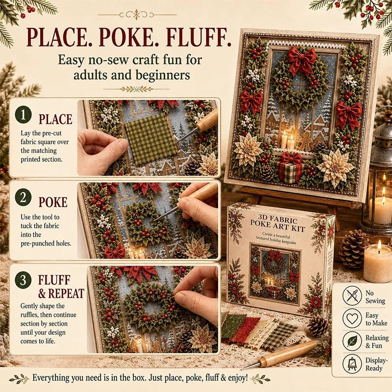 A kit for making Christmas 3D fabric poke art featuring a snowman and winter forest scene.