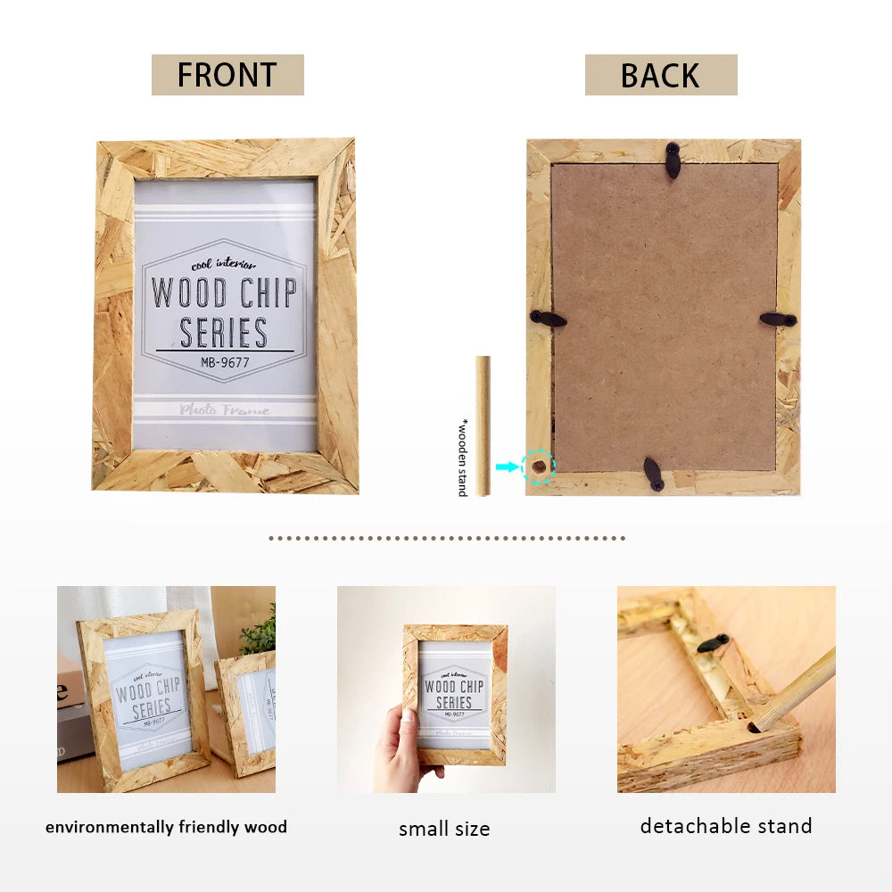 Natural wood rectangular photo frame with a glass insert shown from the front and back views