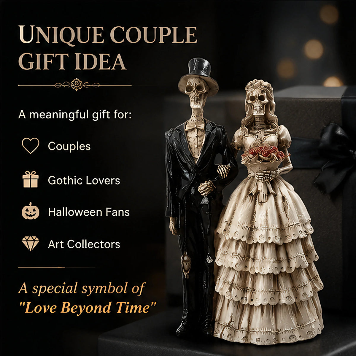A resin figurine depicting a gothic skeleton couple, a male and female figure, presented as a unique gift idea.
