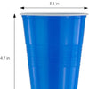 A blue disposable party cup with a 3.5-inch diameter and a 4.7-inch height.